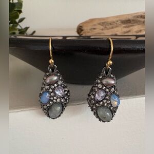 Alexis Bittar Modern Gemstone Pierced Earrings Labradorite Pearl Gunmetal Gray